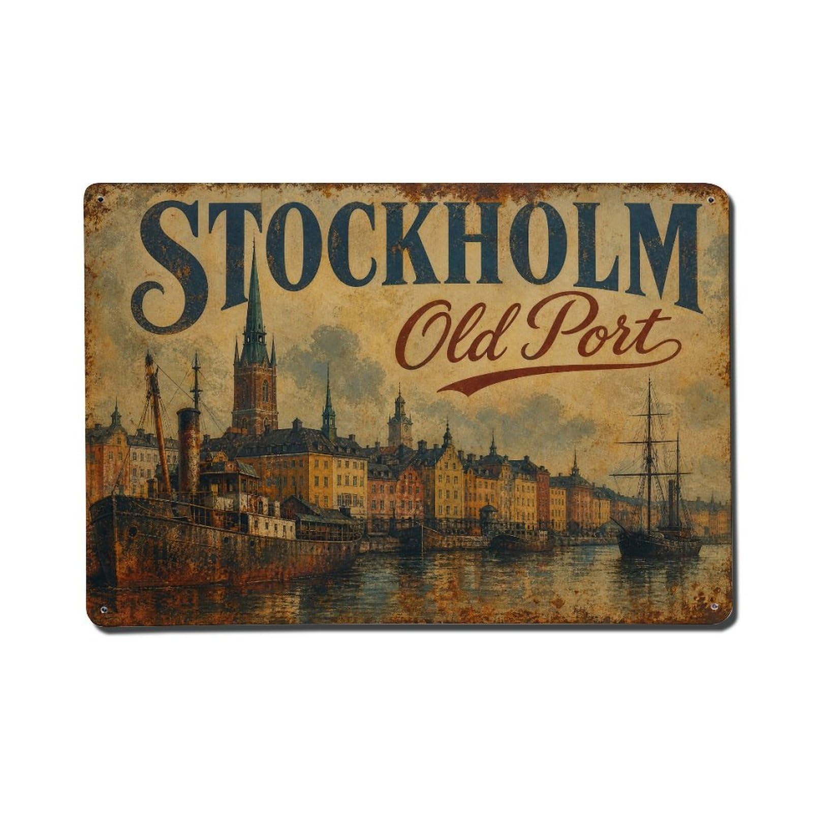 Huiyhb 8X12inch(20X30cm) Vintage Travel Stockholm Historic Harbor Sweden Metal Tin Sign