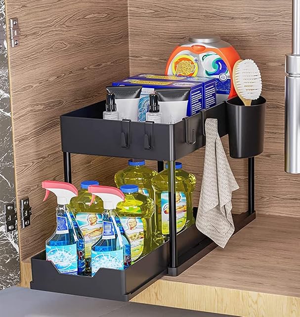 Under Sink Storage - Bnimtm 1 Pack Under Sink Storage Kitchen Organiser - Sliding Drawer Pull Out Under Sink Organiser with Hooks Cup for Kitchen Bathroom