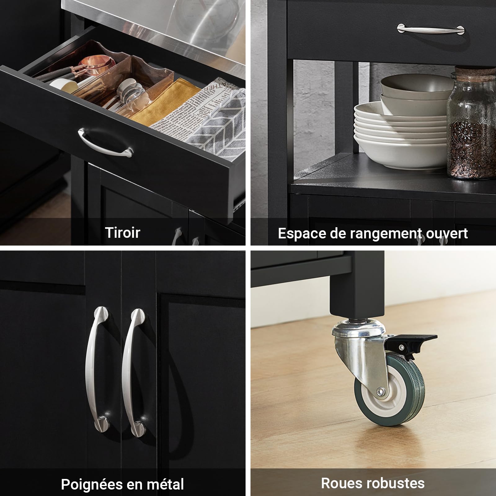 SoBuy Meuble de Cuisine à roulettes avec Plan de Travail Desserte Cuisine compacte pour Rangement Cuisine, extérieur ou Chambre Chariot de Service Multifonction Noir 60x92x45cm FKW22-SCH