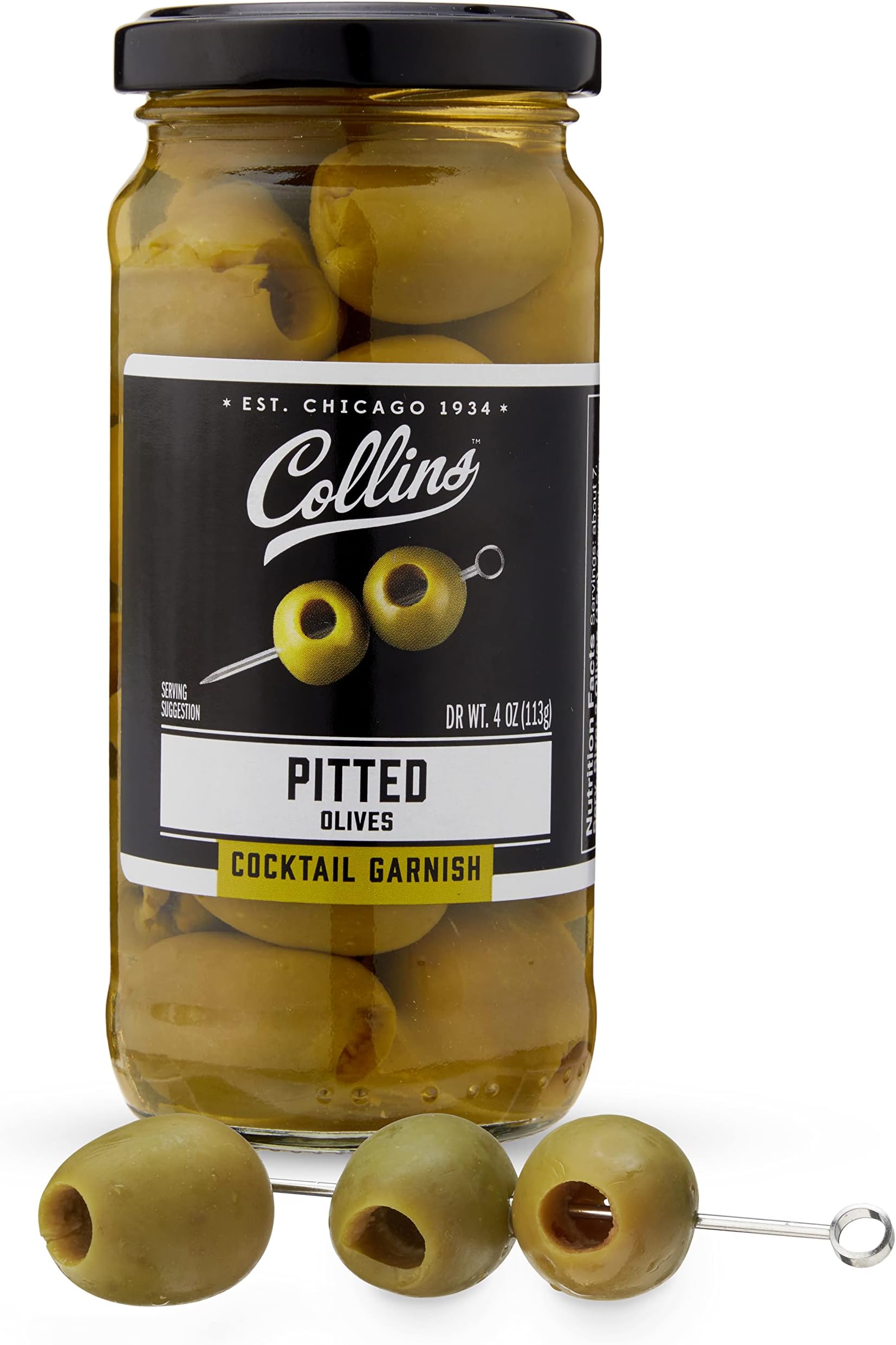 Collins Pitted Olives - Popular Garnish for Cocktails, Dirty Martinis, Salads, Cheese Trays, Charcuterie, Snacks, 4oz