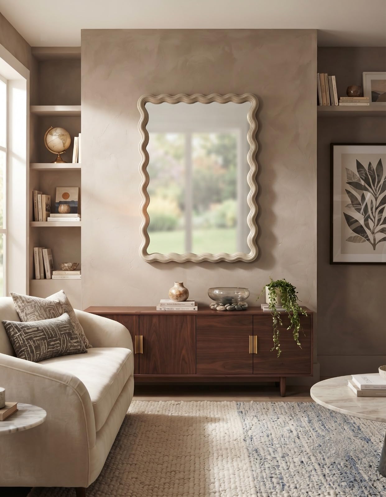 Deenz Fawn Beige The Rectangle Wavy Design Wall Hanging Mirror Plastic Framed Boho-Chic Home Furniture Décor Both Ways Orientation 43X33x2.2cm