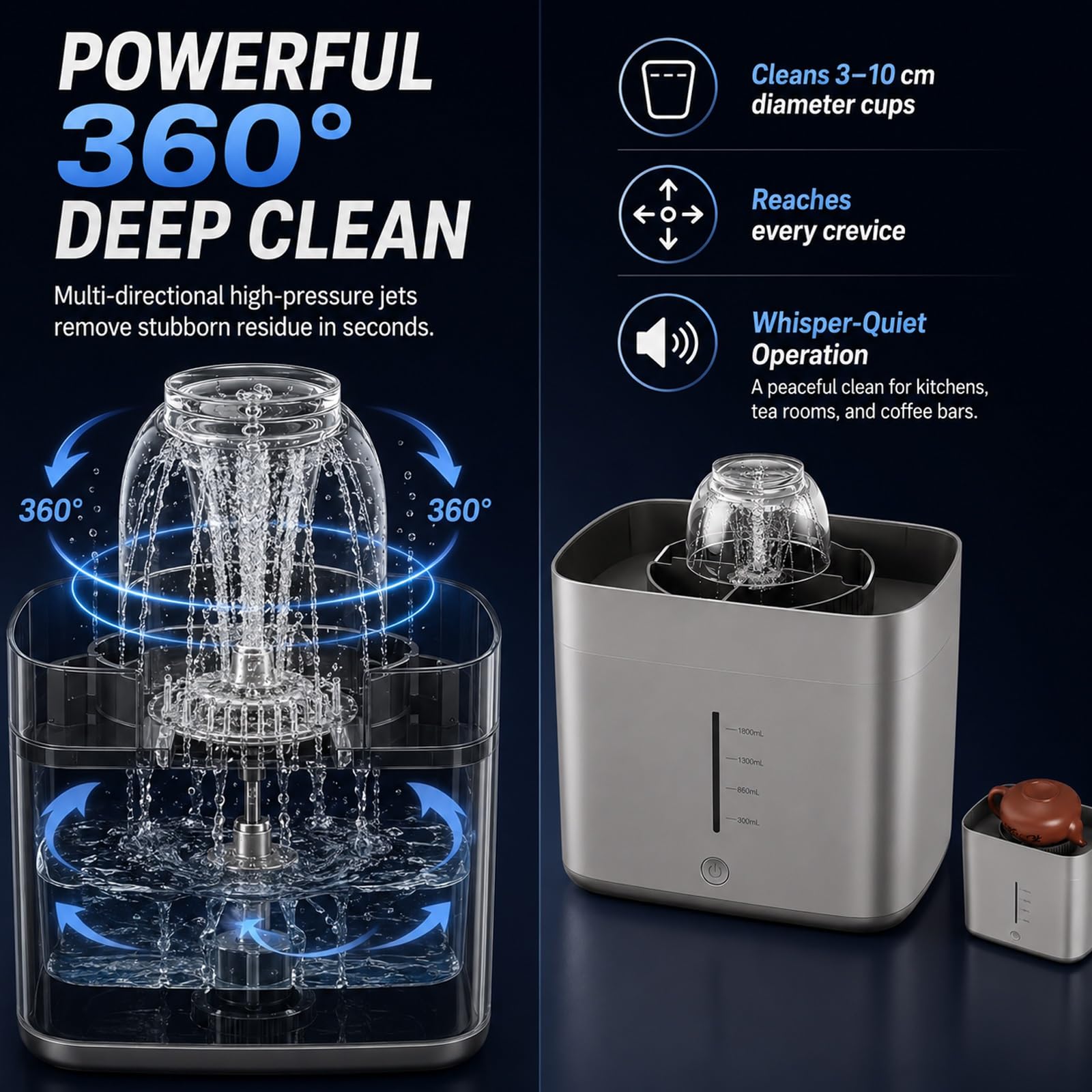 Lavabicchieri E Lavatazze Elettrico, Lavabottiglie Automatico Da Banco Con Serbatoio Da 1,6 L, Getti Ad Alta Pressione per Tazze Con Diametro Di 3-10 Cm, Pulitore Portatile per Bottiglie