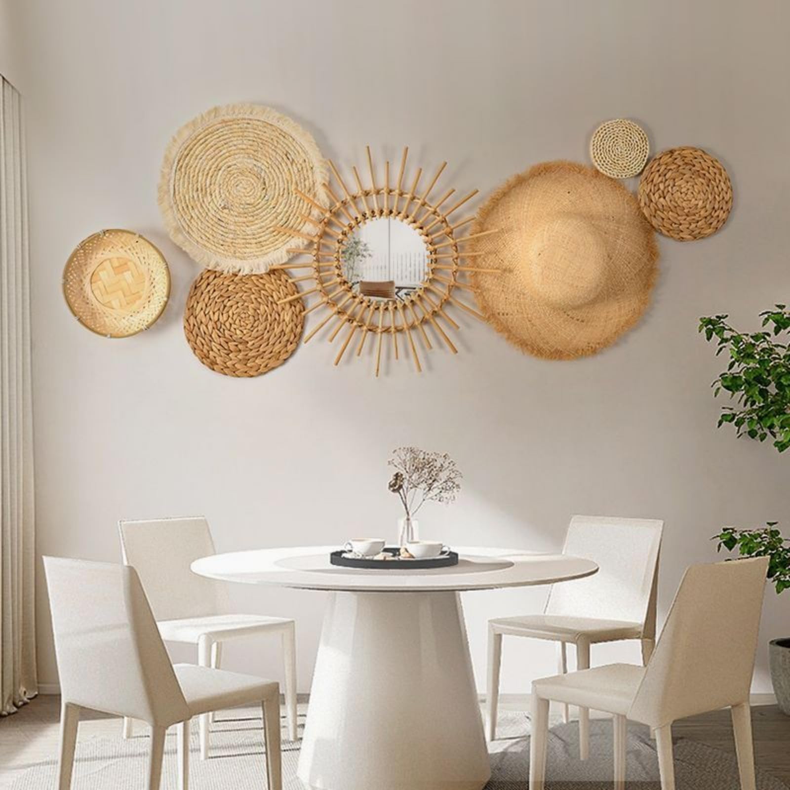 AQCQDQ Wandkorb Dekoration, Boho Dekor, Schlafzimmer Wanddekoration, Hängende Rattan Geflechtkörbe, Rustikale Wandkunst Dekoration (Kombination1-7 teiliges)
