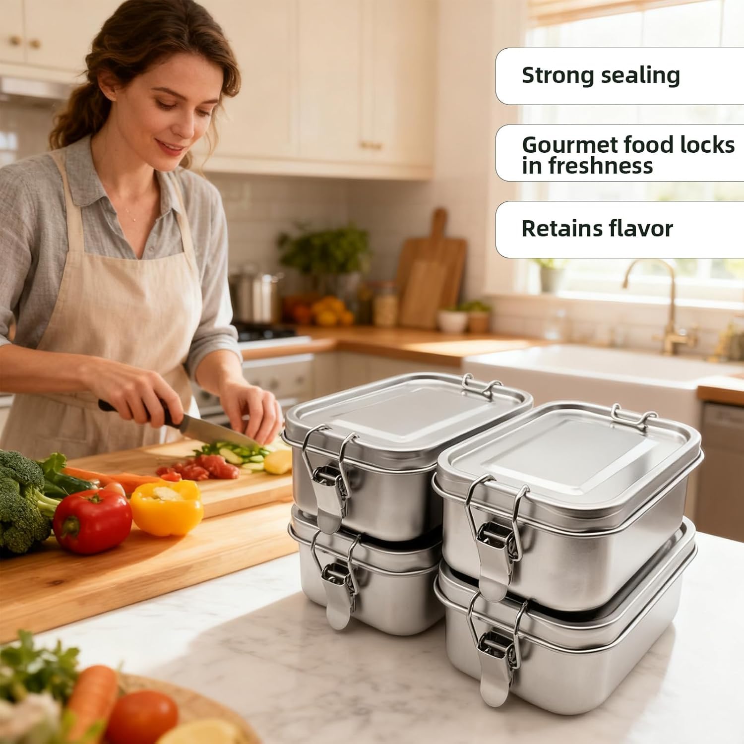 Confezione da 4 contenitori per il pranzo in acciaio inox, 850 ml, a prova di perdite, con clip di bloccaggio, scatole per snack in lavastoviglie per lavoro, picnic e preparazione dei pasti