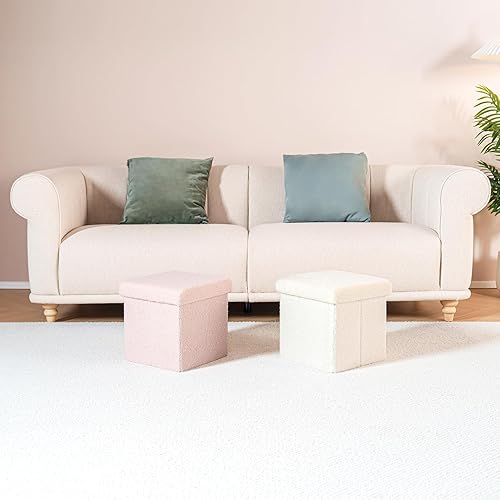 Miniatura 7 de B FSOBEIIALEO Pequeño cubo otomano de almacenamiento Sherpa otomano reposapiés, otomana plegable Boucle, piel de peluche sintética, color blanco,