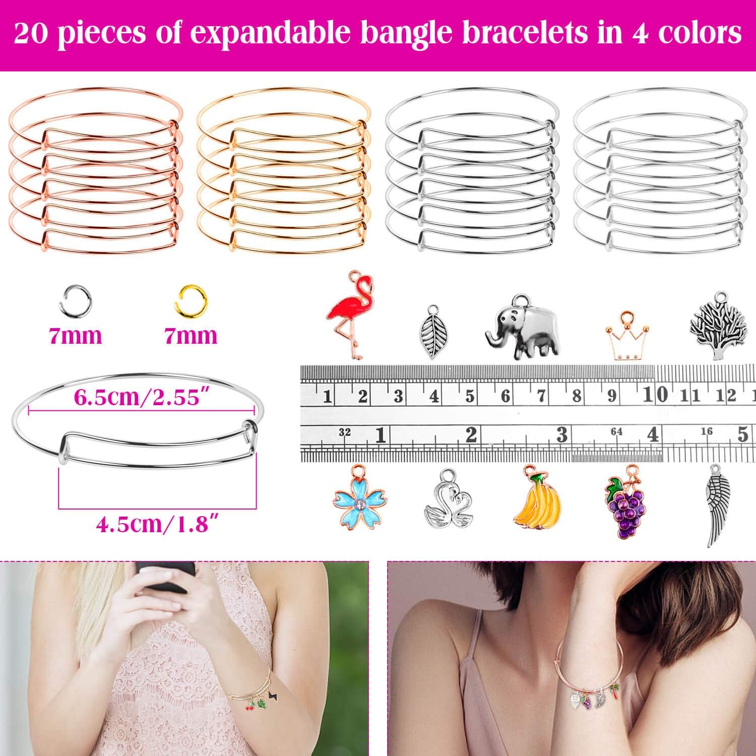 300Pcs Expandable Bangle Bracelets with Charms, Flasoo 20Pcs Bangles for Jewelry Making with 30Pcs Jewelry Charms, 50Pcs Charm Pendants, 200Pcs Jump Rings for DIY Craft