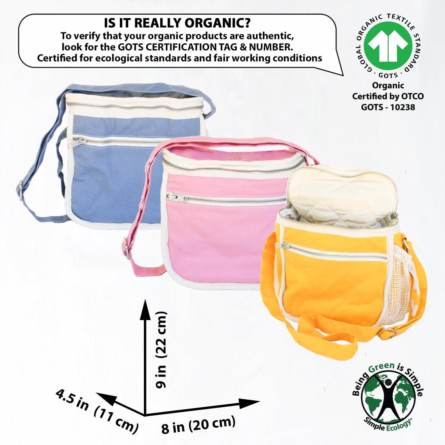 Simple Ecology Organic Canvas Lunch Bag – GOTS Certified, Washable, Reusable, Eco Friendly, Durable Lunch Tote (Insulated 9H × 8W × 4.5D in.) – Black