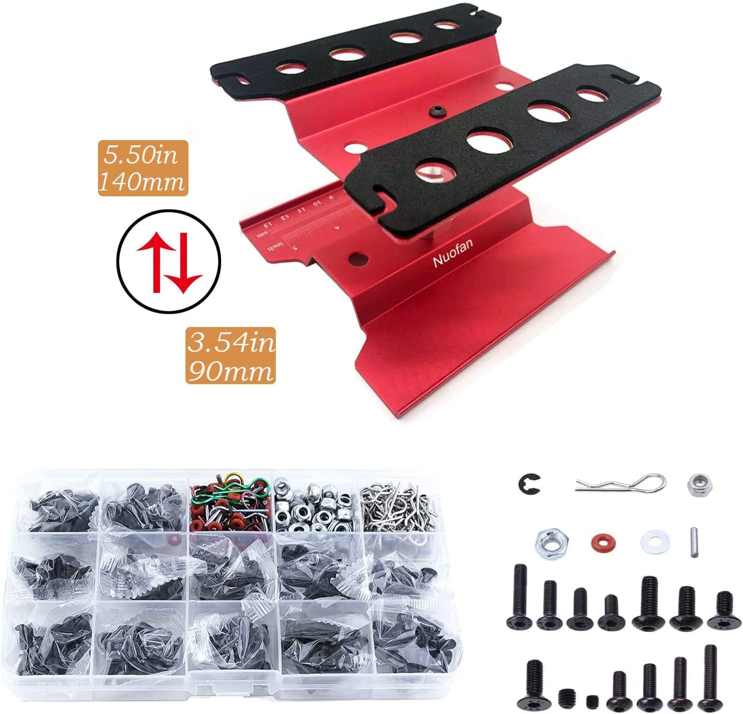 Aluminum RC Car Repair Work Stand Repair Tool Set 360 Degree Rotation and 610PCS RC Screws Kit for 1/8 1/10 1/12 1/16 1/18 RC Car Truck Scale Crawler (RC Work Stand+ RC Screws Kit)