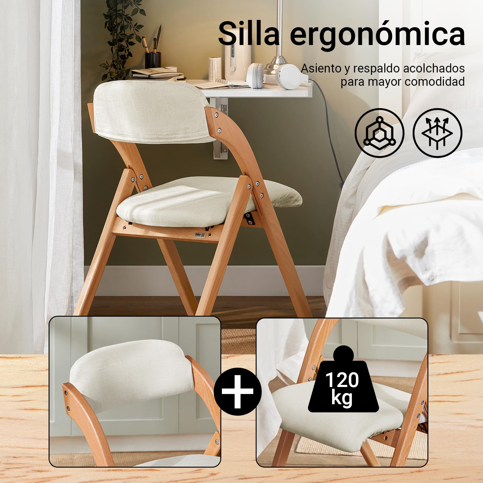 SoBuy Silla de Comedor de Madera con Asiento Acolchado, 47,5 × 59 × 77 cm | Silla plegable de comedor con funda de asiento extraíble, silla plegable de madera para salón, comedor y despacho, FST92-W