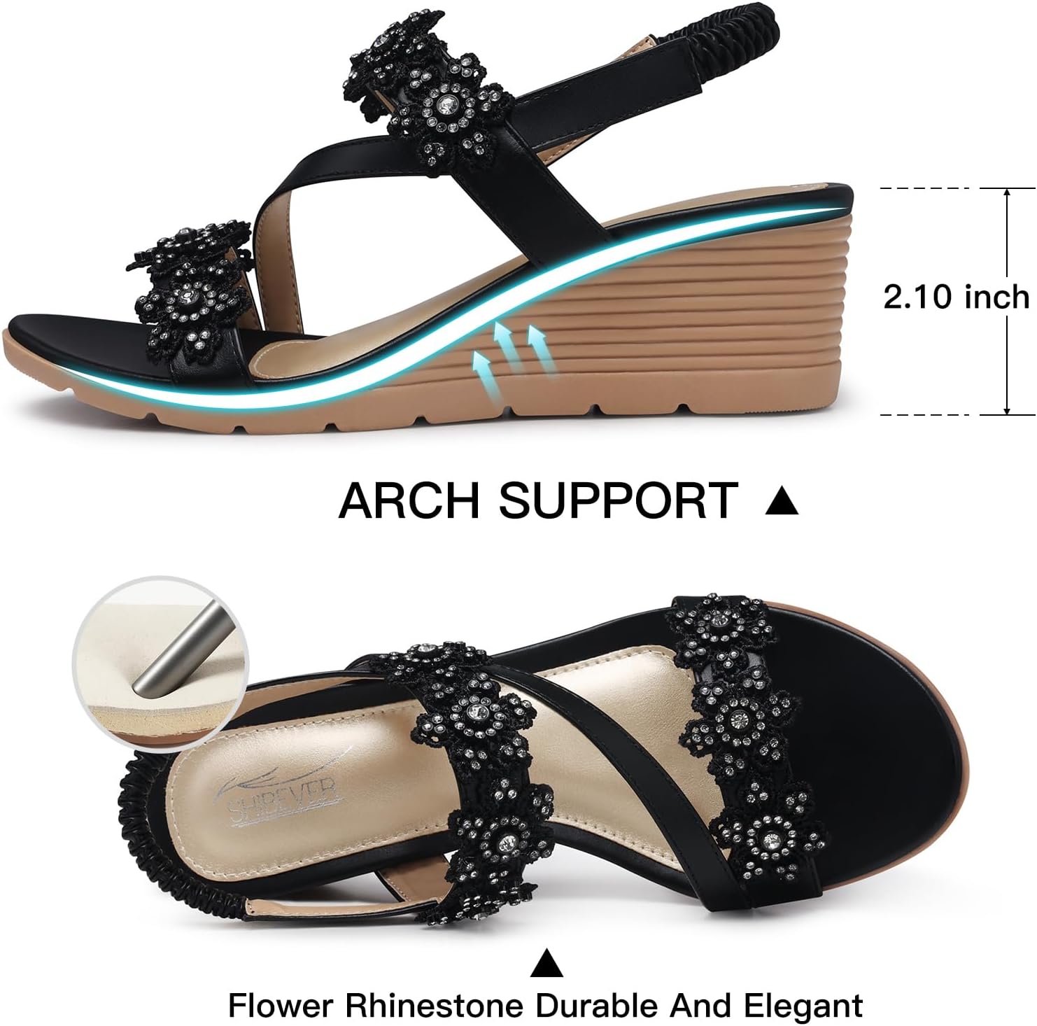 SHIBEVER Wedge Sandals for Women Dressy: Summer Open Toe Low Platform Wedges Sandals Elastic Ankle Strap Flower Comfortable Casual Shoes - Image 4
