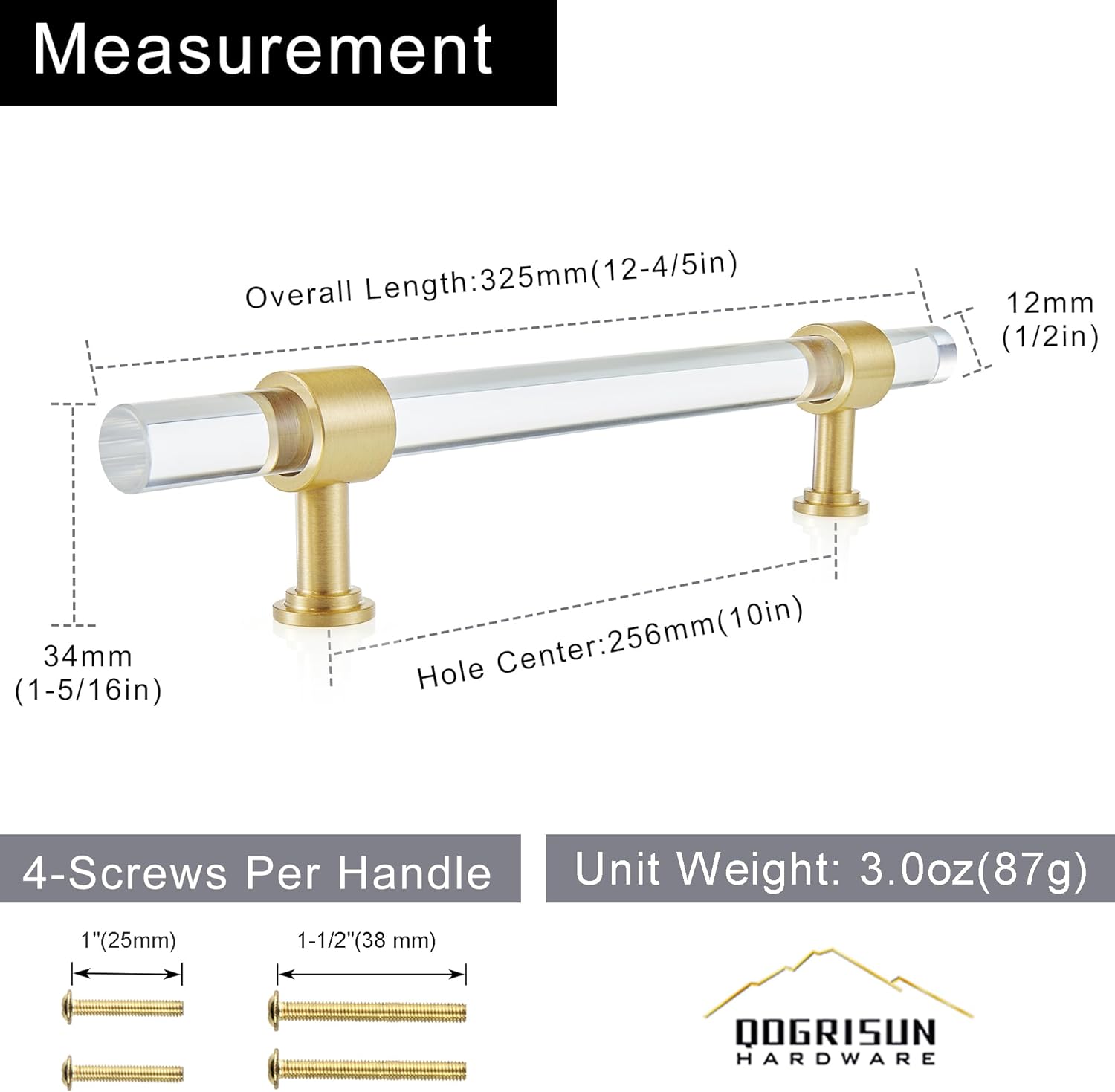 QOGRISUN 2-Pack Acrylic Cabinet Pulls with Brass Base, Gold Modern Drawer Handles, 10-inch Hole Center for Kitchen, Dresser Drawer Clear Glass Crystal Pulls, 12.8-inch Total Length