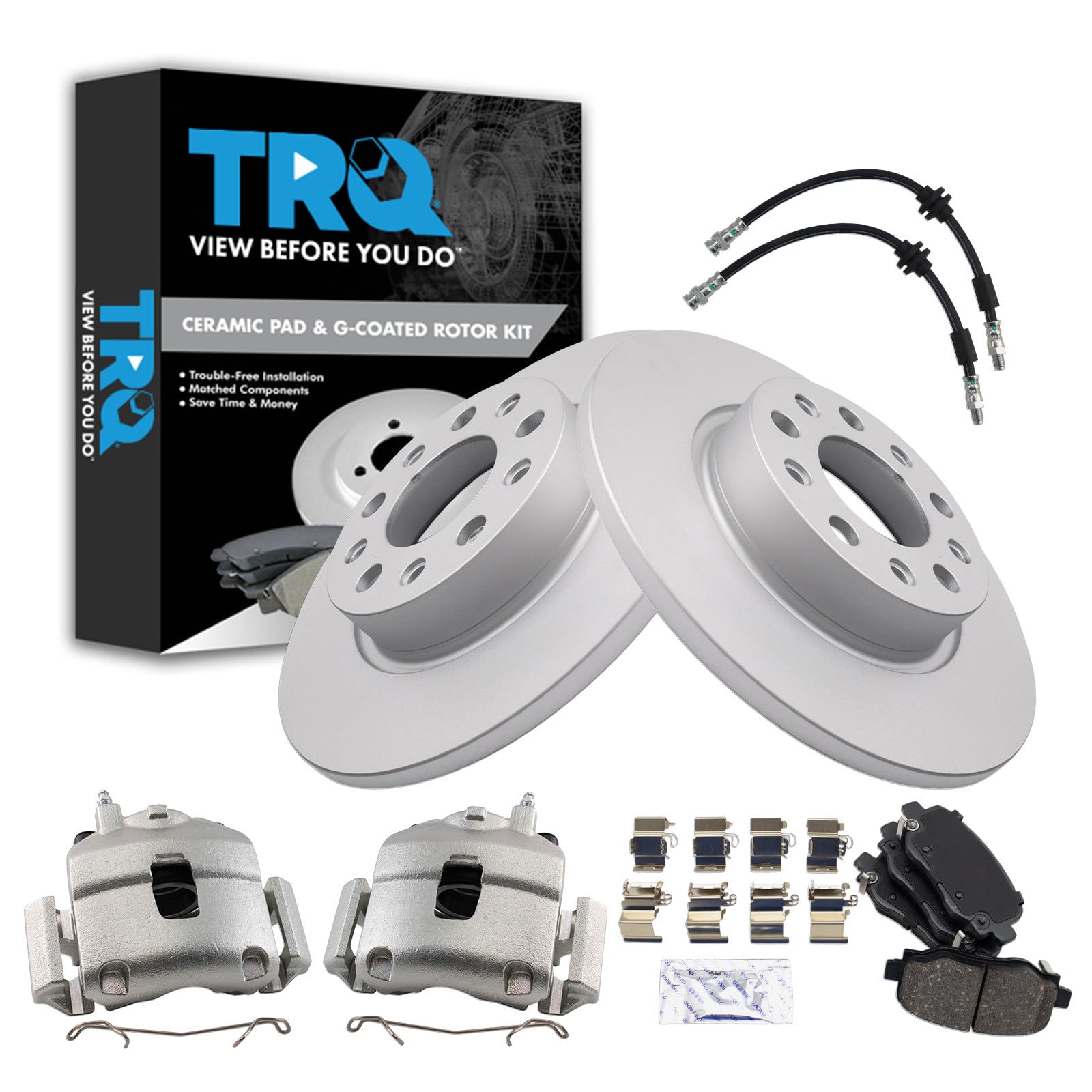 TRQ Rear Brake Pad and Rotor Set Ceramic G Coated Rotors Calipers Compatible with 2018 Fiat 500X 2018 Jeep Renegade