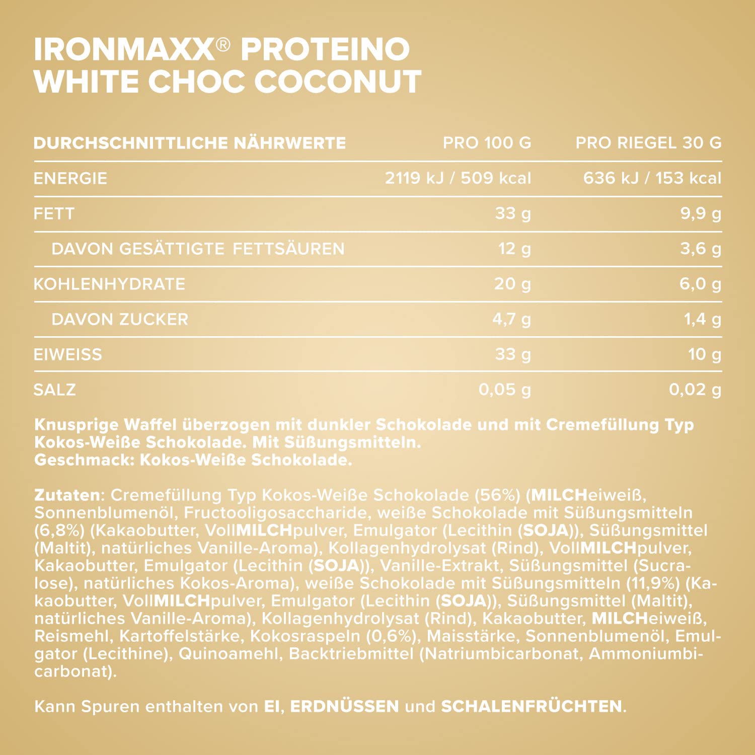 IronMaxx Proteino Proteinriegel 12x30g - White Choc Coconut | High Protein Bar mit cremiger Füllung auf Waffelbasis | Zuckerreduziert glutenfrei palmölfrei Fitness Snack