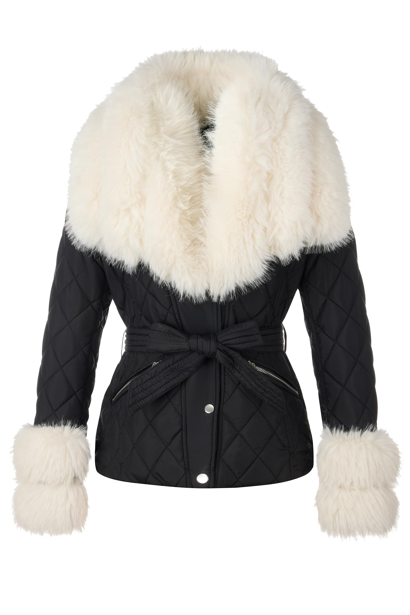 Bellivera Women Faux Leather Suede Jacket Moto Biker Coat Sherpa-Lined Overcoat with Removable Belt: White Removable Fur Collar X-Large