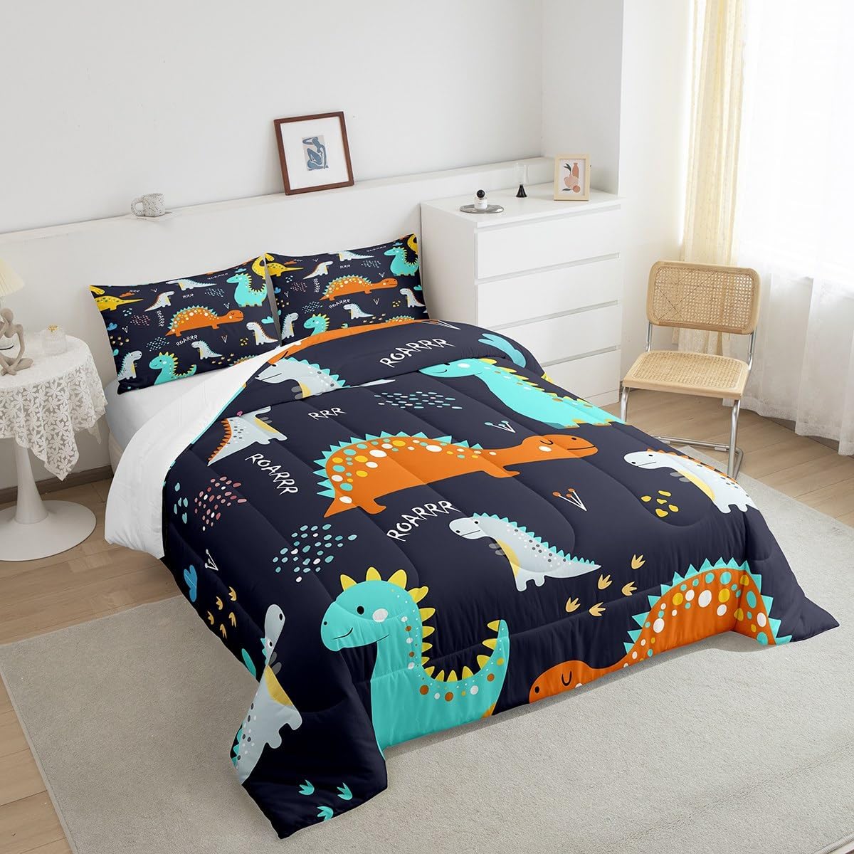 Feelyou Cartoon Dinosaur Comforter Set Twin Size Kids 3D Digital Print Comforter for Boys Teens Cute Jungle Dino Bedding Set Wild Animal Blue Duvet Set Room Decor Quilt Set with 1 Pillow Case