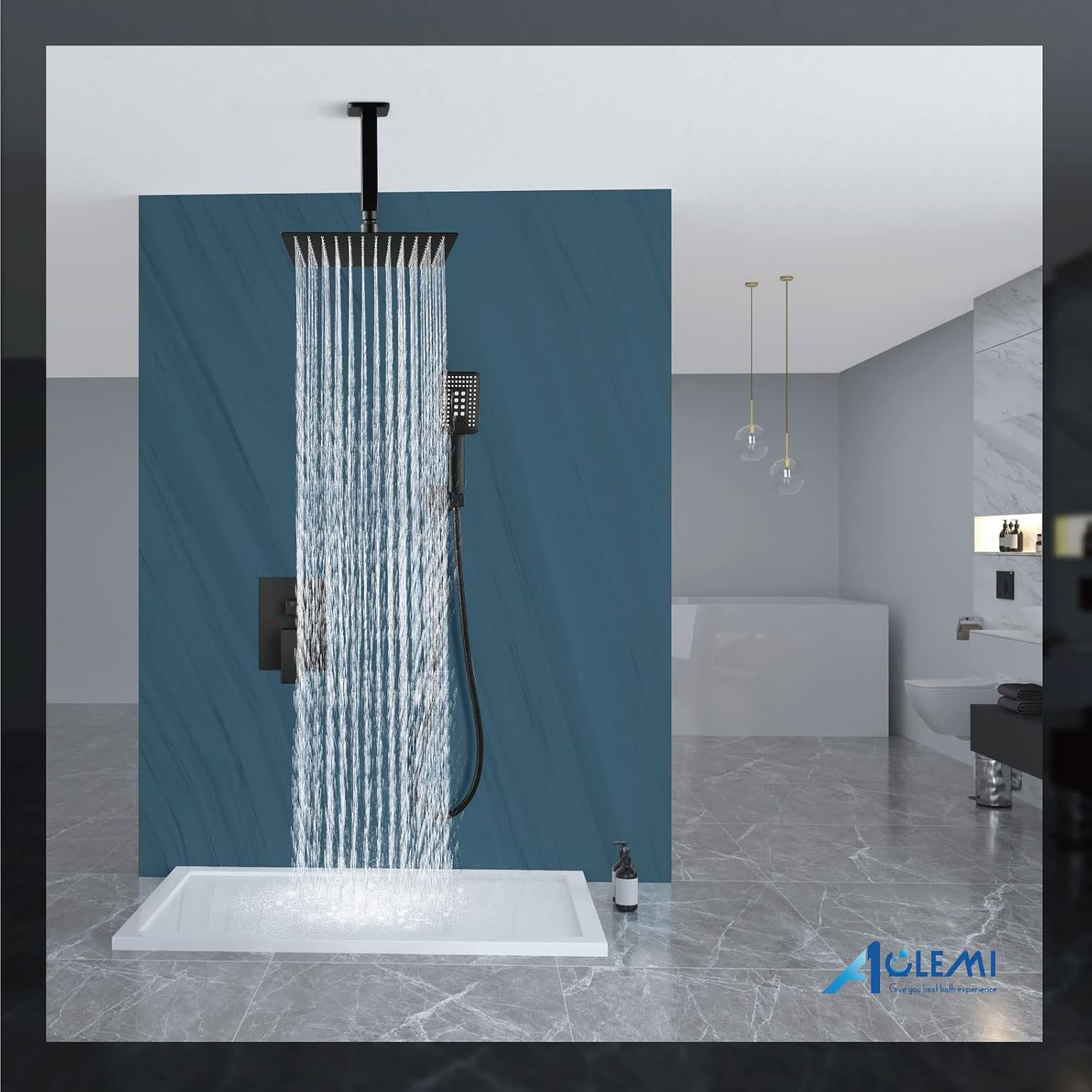 Aolemi Ceiling Mount Shower System with ABS 3 Functions Handheld Spray Luxury High Pressure Shower Faucet Set Rough-in Valve and Shower Trim Kit Included Bathroom Matte Black 12 Inch Shower Head