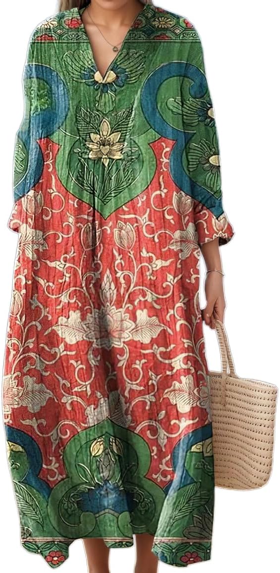 Akivide Women's Flowy Oversized Baggy Boho Floral V Neck Midi Dress Long Sleeve Casual Dress with Pockets