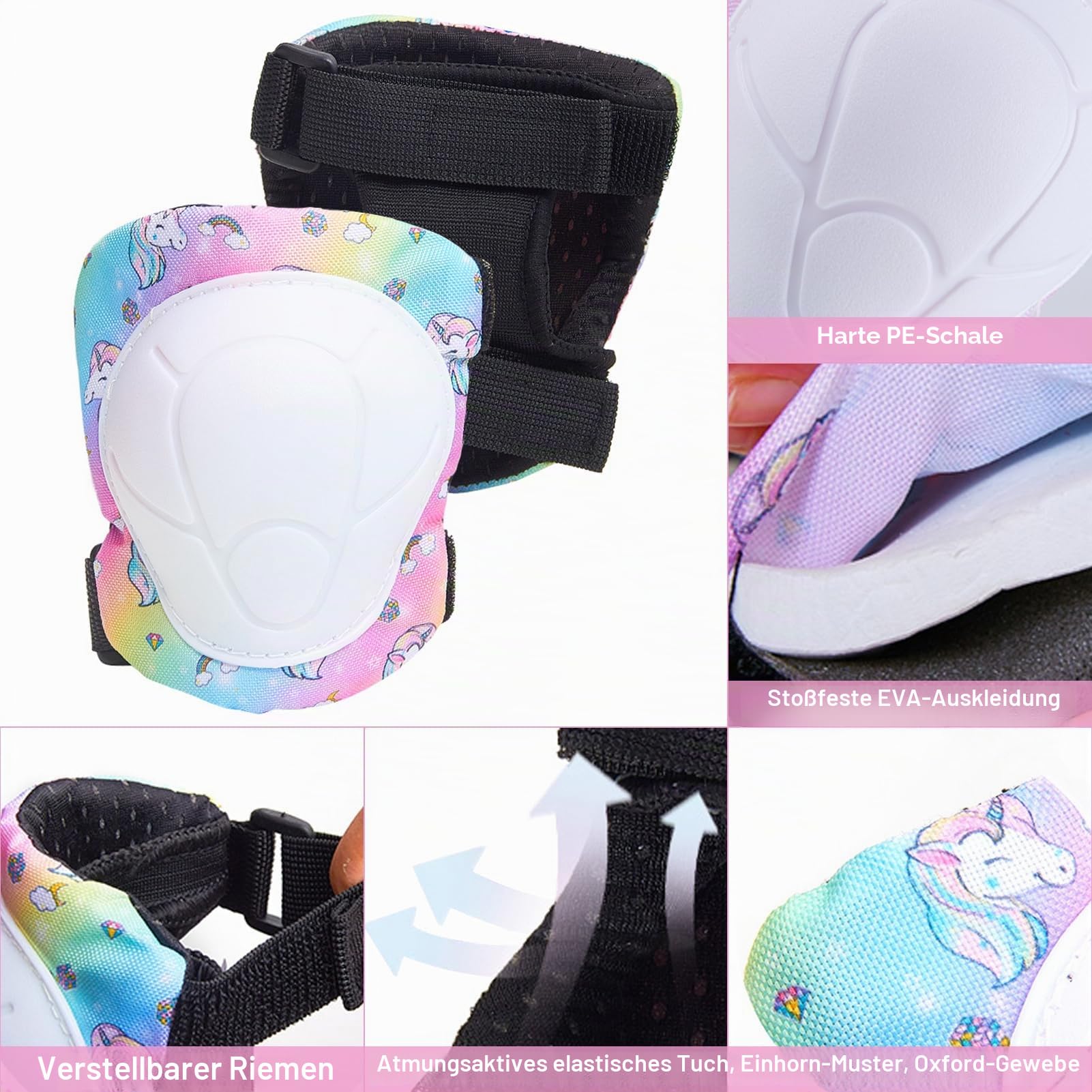 Unicorn Castle Kinder Helm Knie Ellenbogen Handgelenk Pads Verstellbare Knieschoner Ellenbogenschoner Handgelenkschoner Skateboard Helme für Radfahren Skating Mädchen, 3-8 Jahre