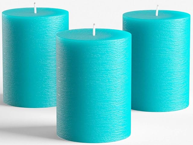 Set of 3 Turquoise/Teal Pillar Candle 7,5 x 10 cm Unscented Handpoured for Weddings, Home Decoration, Relaxation, Spa, Smokeless Cotton Wick by Melt Candle Company