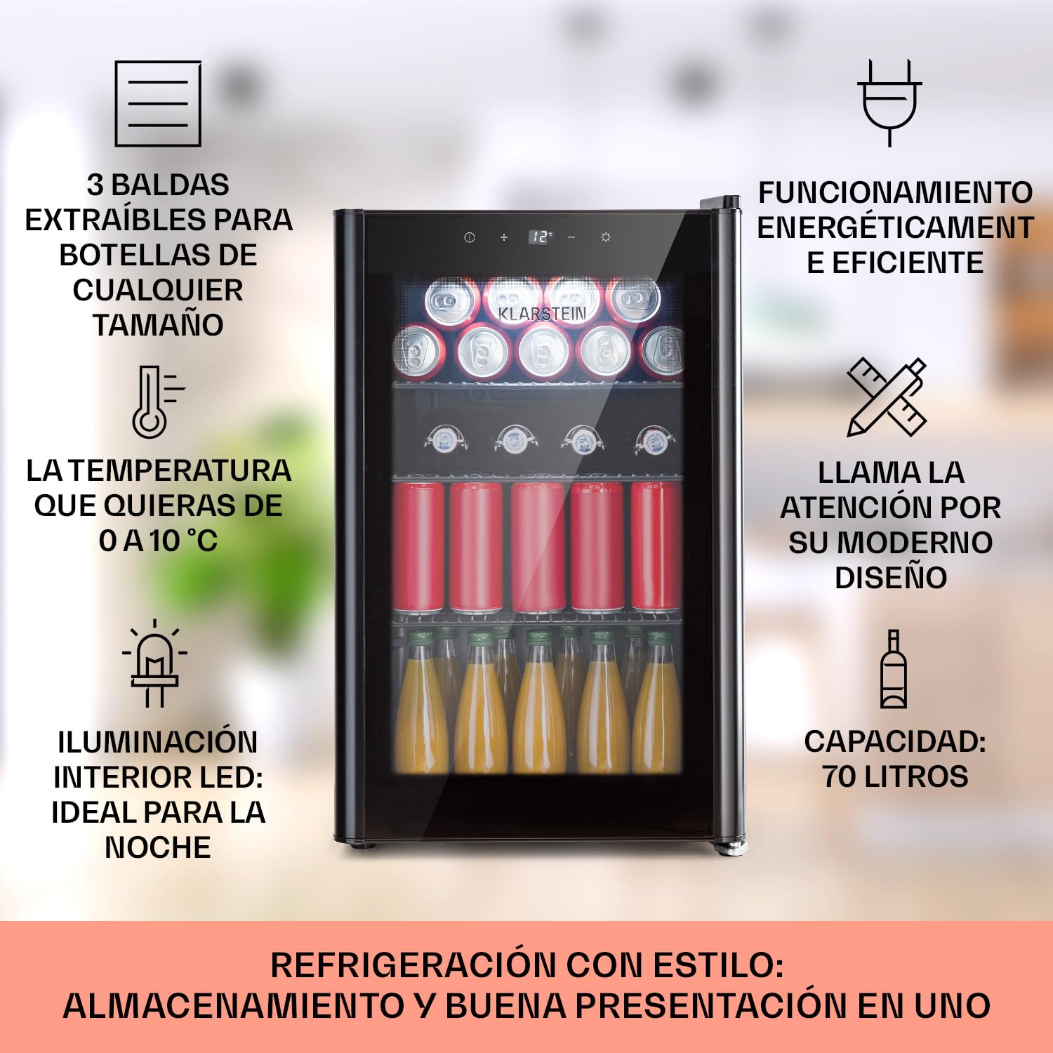 KLARSTEIN Mininevera con puerta de cristal y led, mininevera para habitaciones, nevera pequeña para bebidas con 3 estantes extraíbles, nevera pequeña 70L, de interior/exterior silenciosa, 0-22 °C