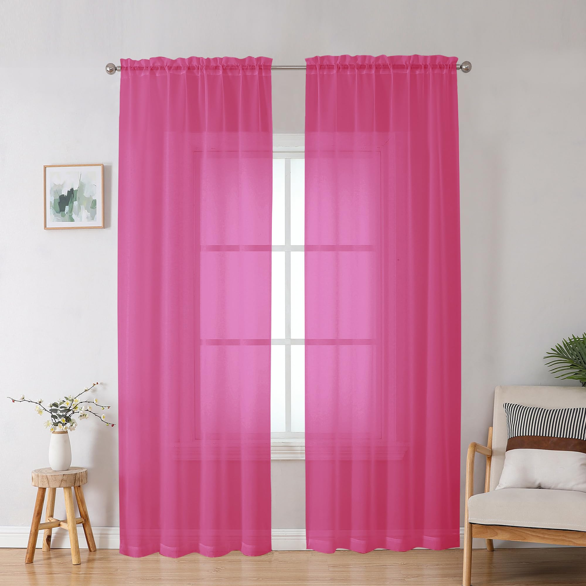 Hot Pink Sheer Curtains for Bedroom Living Room 90 Inches Long, Elegant Solid Light Filtering Window Curtain Panles, Modern Rod Pocket Hot Pink Curtain, 2Pcs, Each 42" W x 90" L