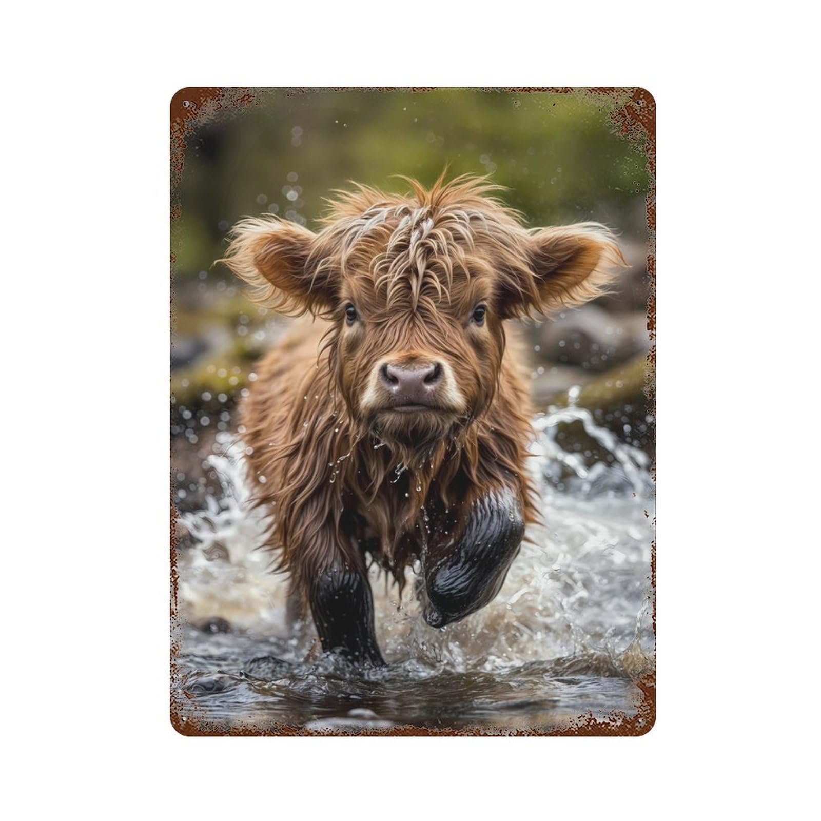 Rust Effect Cute Baby Highland Cow Rusty Metal Tin Sign 15.7"x11.8", Old School Wall Decor for Pub, Kitchen And Man Cave Decor