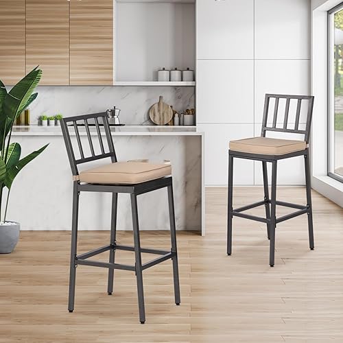 Miniatura 8 de Taburetes de bar de comedor de metal, taburete de altura de bar al aire libre, taburetes para interiores y exteriores con respaldo alto y cojines,
