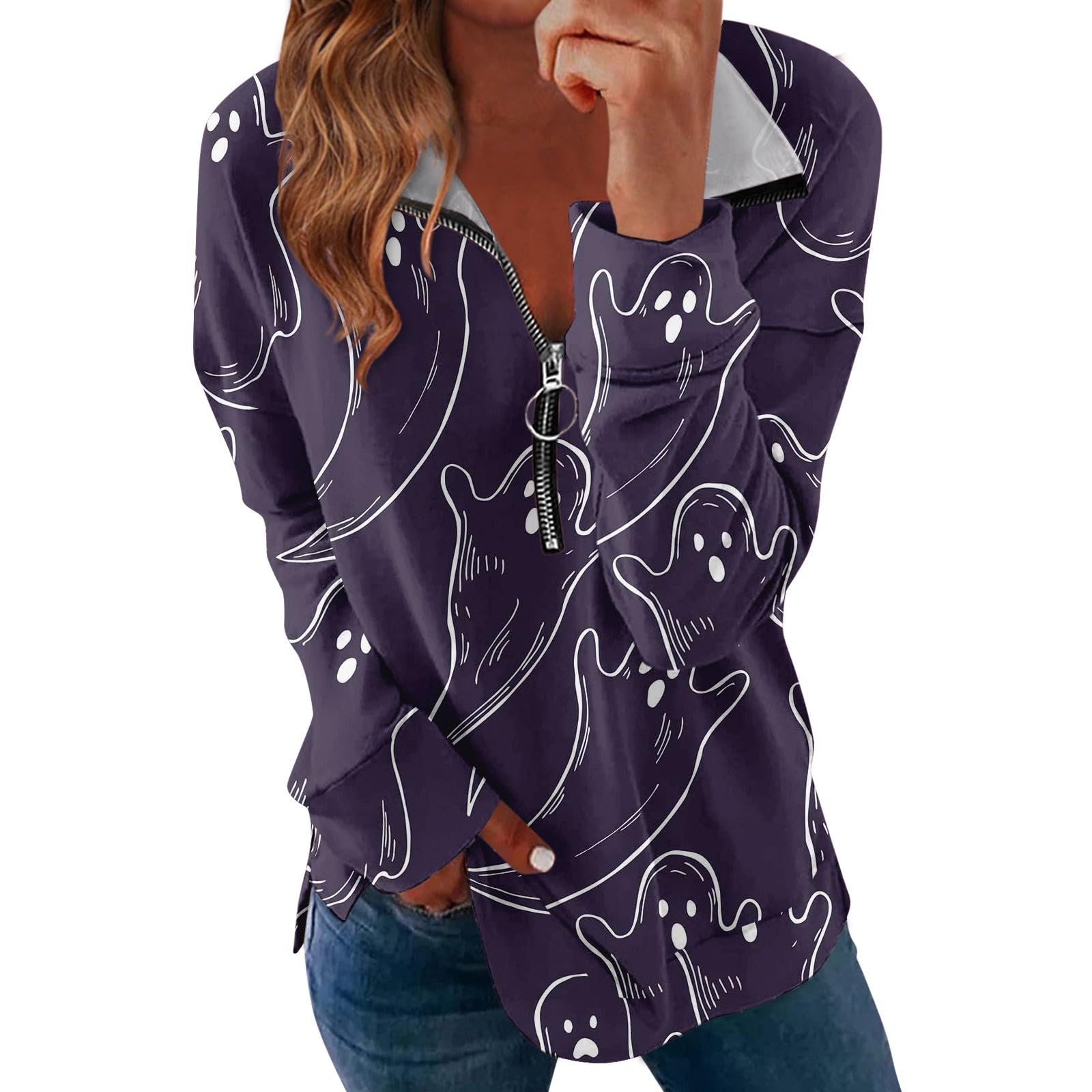 DealinM Women Tops Half Zip Up Long Sleeve Sweatshirt V Neck Halloween Print Pullover Relaxed Fit Comfy Dressy Outfits