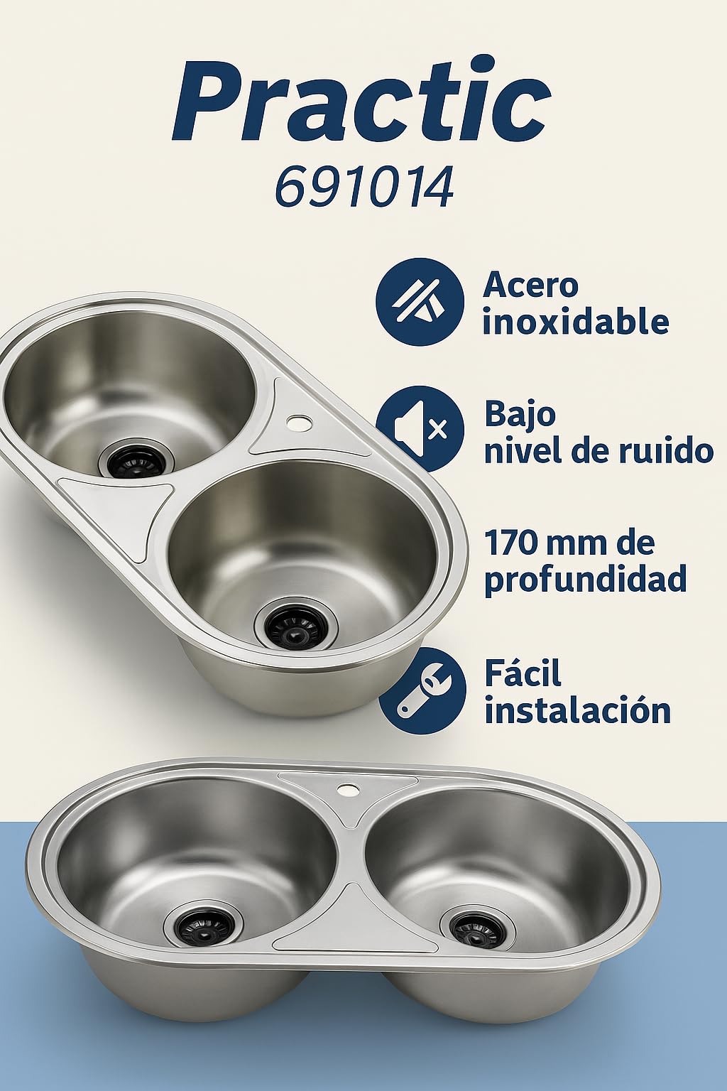 Practic Fregadero de Acero Inoxidable Dos Senos FI LUJO 2S 84X44 O VG Bajo Encimera – Resistente y Elegante.