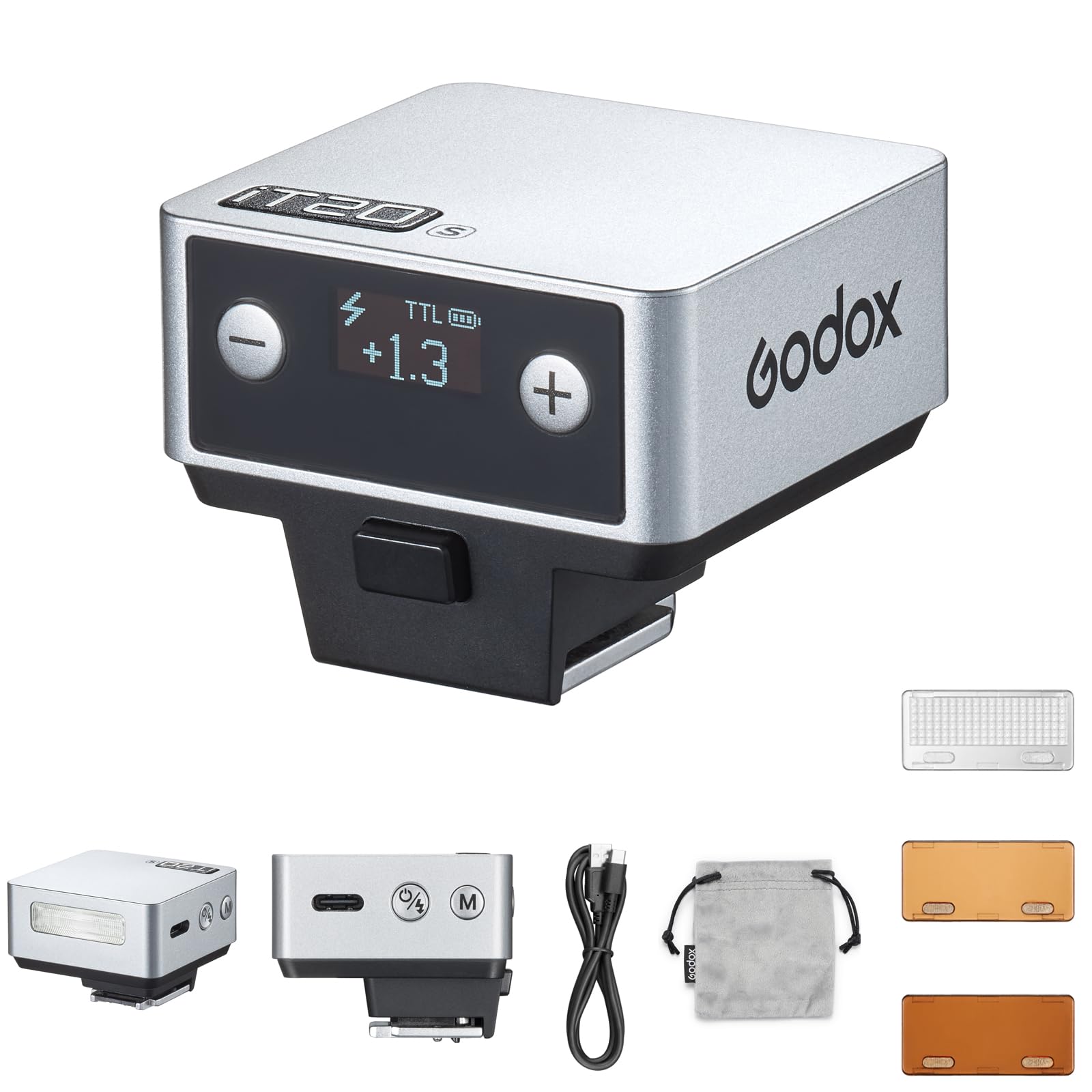 Godox IT20 S IT20S Mini Flash de cámara Compatible con cámaras Sony, TTL Godox Flash, 700 + Full Power, 1.5s Tiempo de Reciclaje, Carga USB-C, con difusor magnético y Filtro -Silver