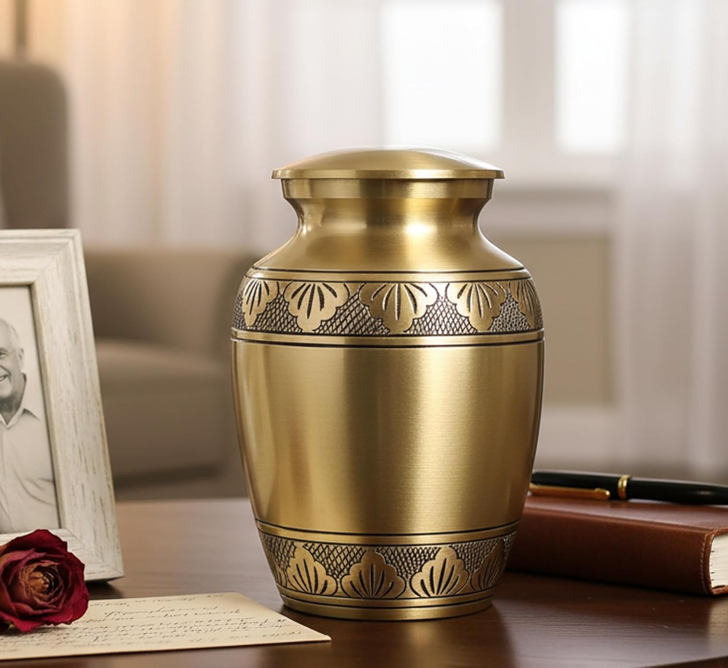 eSplanade Brass Cremation Urn Memorial Jar Pot Container | Medium Size Urn for Funeral Ashes Burial | Engraved Metal Urn | Bronze - 6" Inches