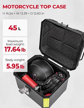 KEMIMOTO Motorcycle Top Case, Universal PP Plastic Trunk, Motorbike Tail Box for All Motorbike, 45L Waterproof Detachable Motorcycle Tail Bag with Lock & Back Cushion, Black
