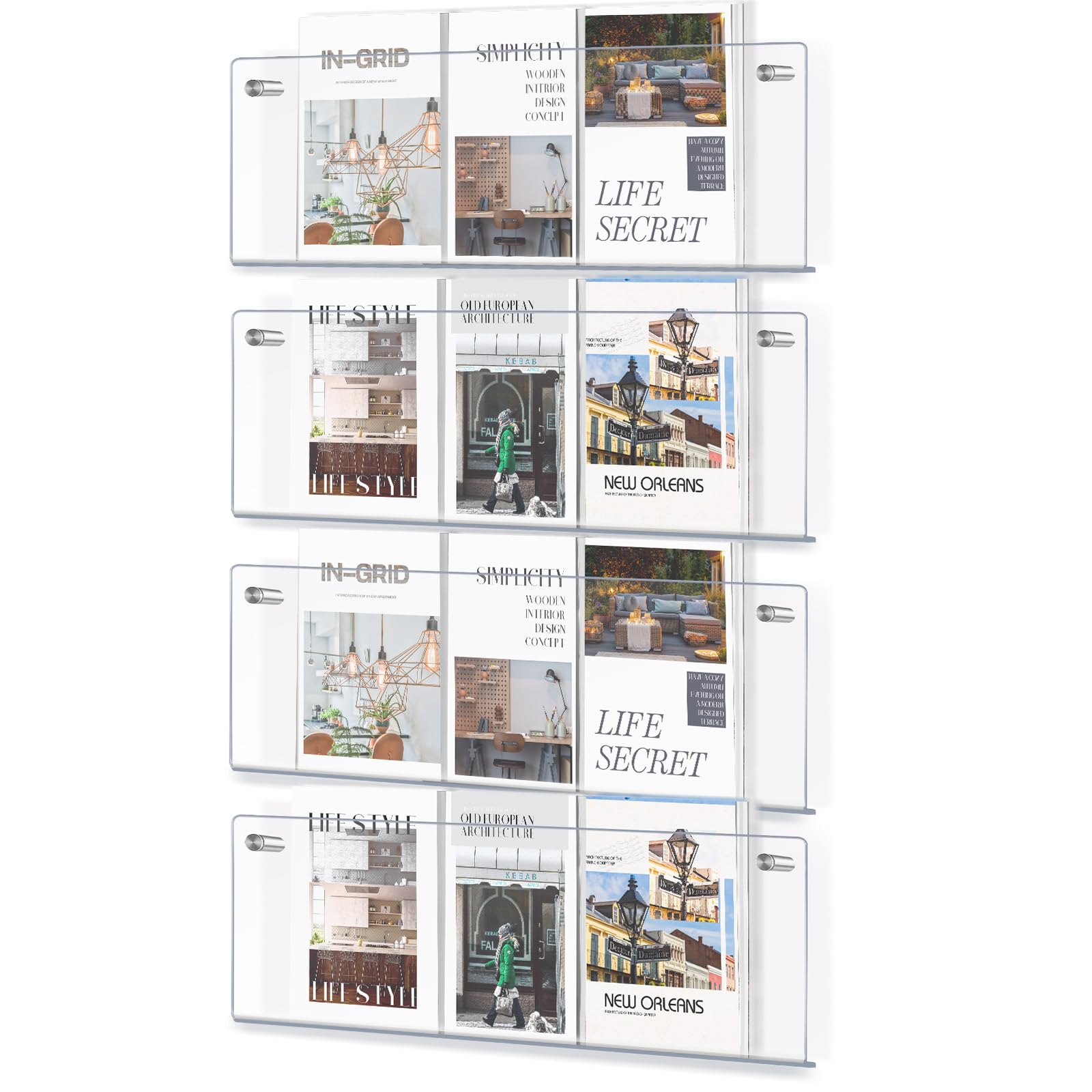 DoubleFill Confezione da 4 portariviste in acrilico trasparente, supporto da parete da 53,3 cm, per libreria, riviste, riviste, per sala d'attesa, soggiorno, ufficio, casa