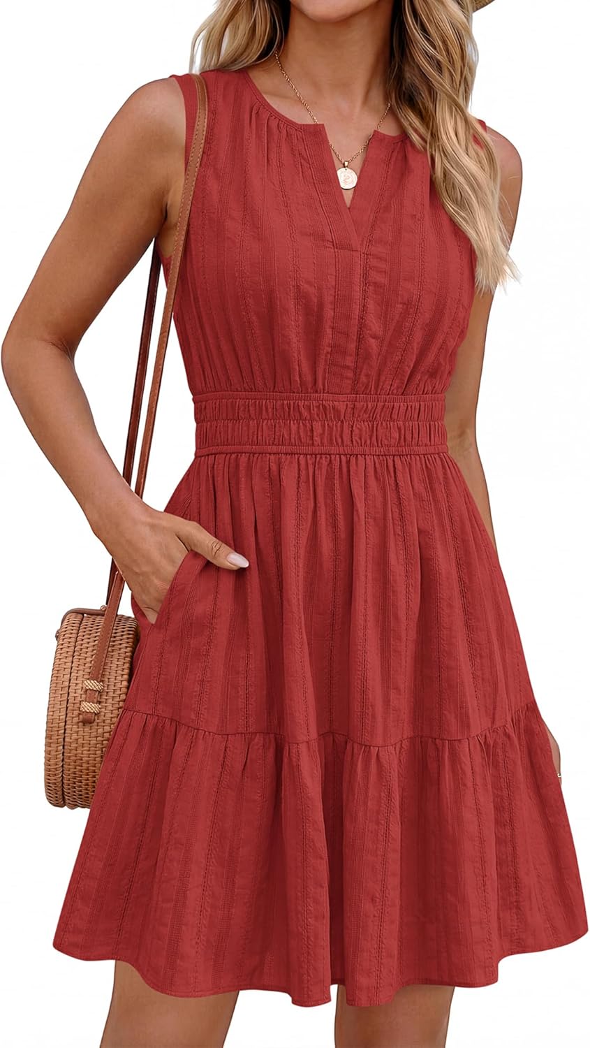 BTFBM Women’s Summer Dresses 2026 Sleeveless V Neck Casual Mini Dress Swing Boho A Line Beach Vacation Sundress Pockets - Image 3