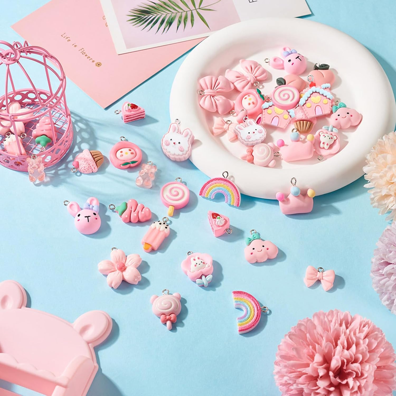 Beadthoven 38pcs 19 Styles Resin Charms: Pink Rabbit Cake Sunflower Bowknot Mini Cute Animal Food Fruit Dangle Charms for Jewelry Making - Image 6