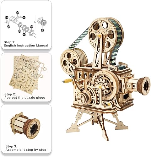 Miniatura 3 de ROKR Rompecabezas de madera 3D para adultos, kit de construcción de modelos Vitascope, proyector vintage de madera artesanal para adultos