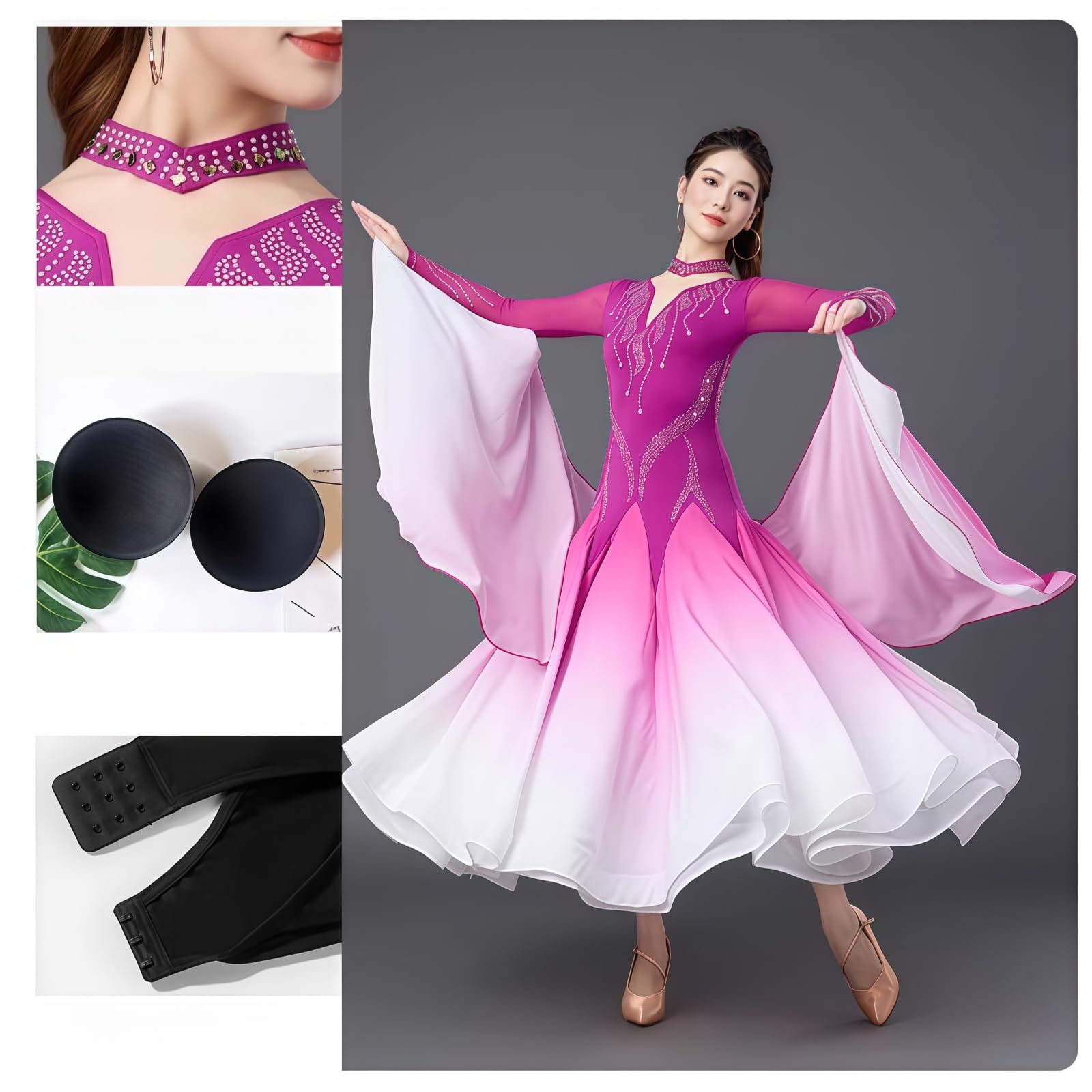 Damen Ballroom Turnierkleid, Elegantes Langarm Tanzkleid Mit V-Ausschnitt, Strass Und Fließendem Chiffonrock Mit Farbverlauf Für Walzer Tango Foxtrott