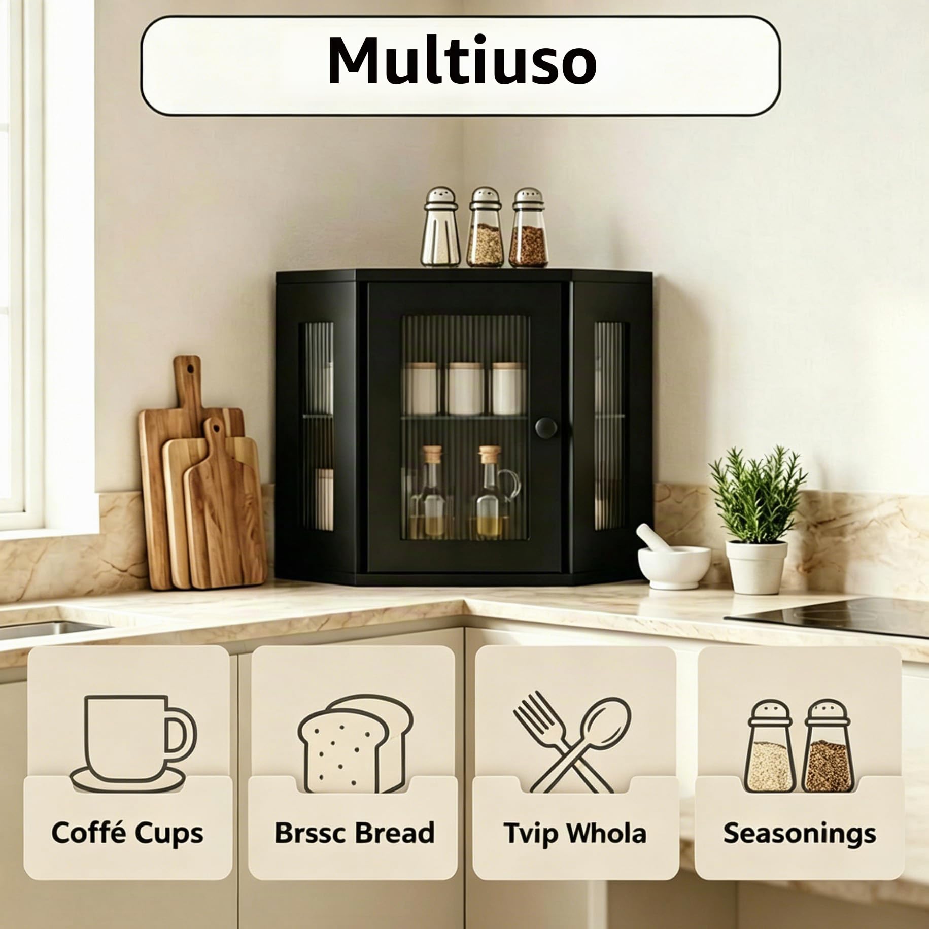 Portapane Angolare Nero a 2 Piani, Contenitore per Pane da Cucina Salvaspazio con Ripiano Regolabile in Altezza e Pannelli in Acrilico Scanalato, 32 × 32 × 35 cm