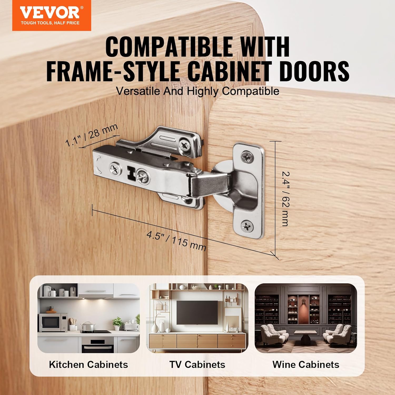 VEVOR Cabinet Hinges, 50 Pack Full Overlay Soft Close Concealed Cupboard Hinges for Framed + Frameless Cabinet Type, with Mounting Screws