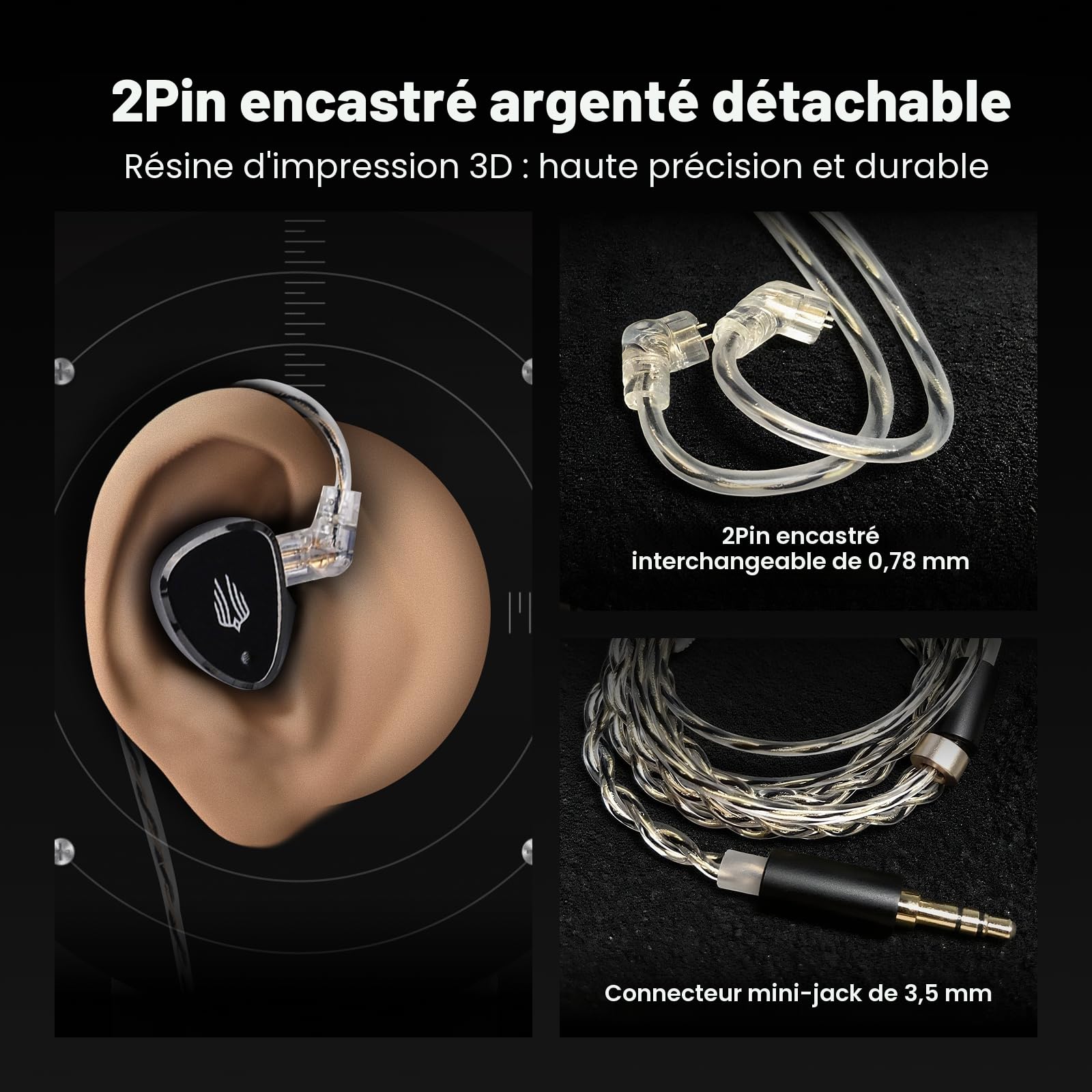 Linsoul SIMGOT EM6L 1DD + 4BA Hybrid Driver Moniteur Intra-auriculaire, écouteurs de Jeu, Casque HiFi IEM avec boîtier en résine imprimé 3D, câble OFC Amovible argenté (Noir, SIMGOT EM6L)