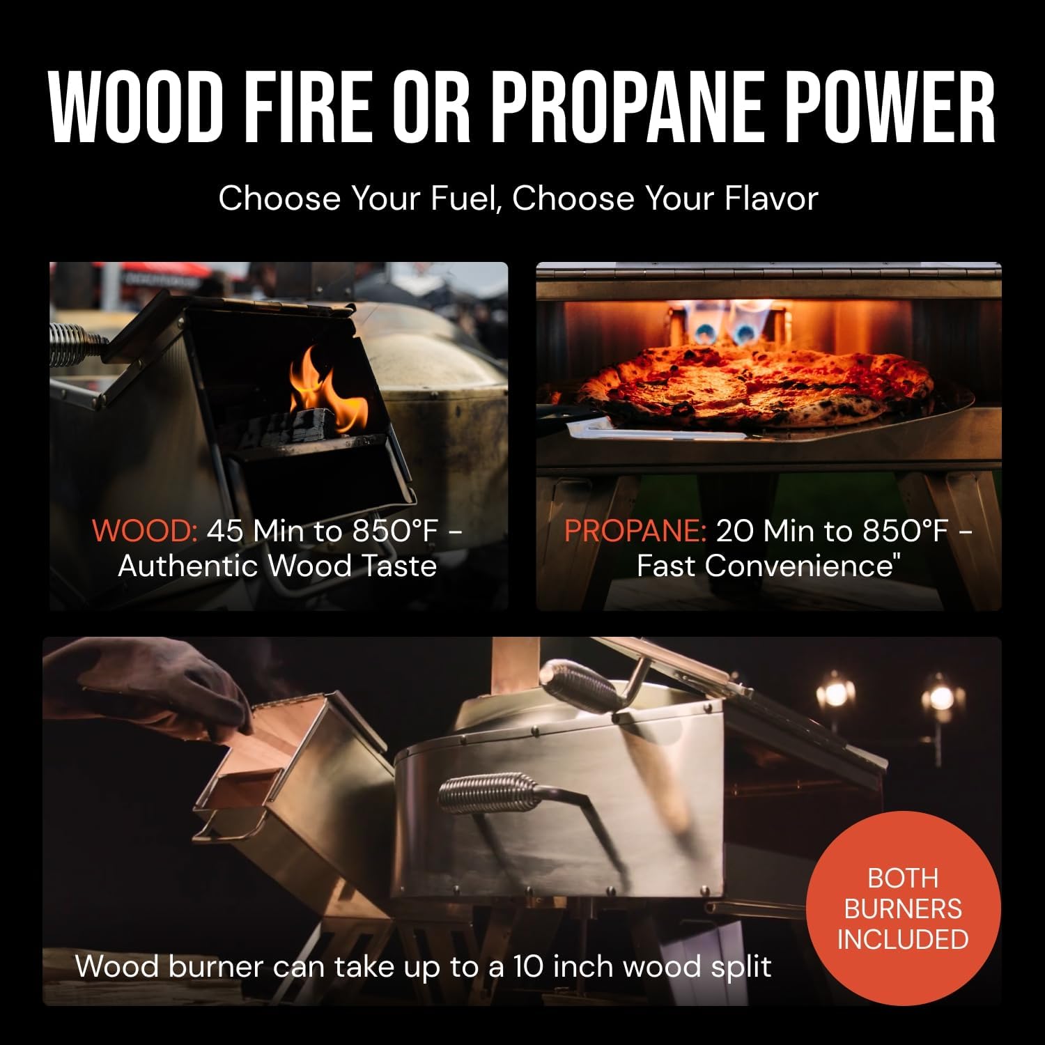 Pizza Oven - Dual Fuel Wood & Propane Portable Outdoor Pizza Oven with 16” Rotating Stone - 90 Second Cook at 850-900°F- Ultra Durable 304 Stainless Steel - Ceramic Viewing Window