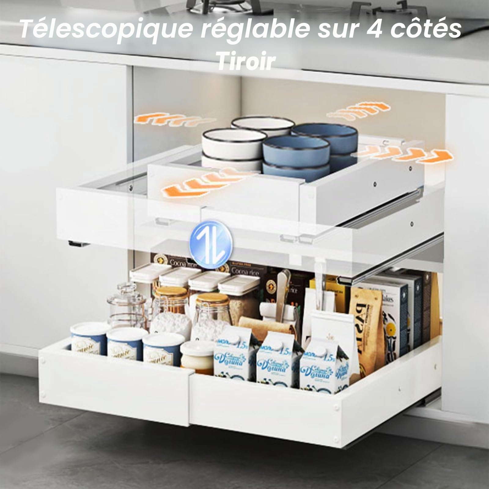 Tiroir Coulissant Cuisine 4 Directions Réglable Blanc 1 Pièce | Acier carbone | Extensible : largeur 29–48 cm, profondeur 41,5–55 cm | Charge 25 kg | Sans perçage ou vis | Rails amortis