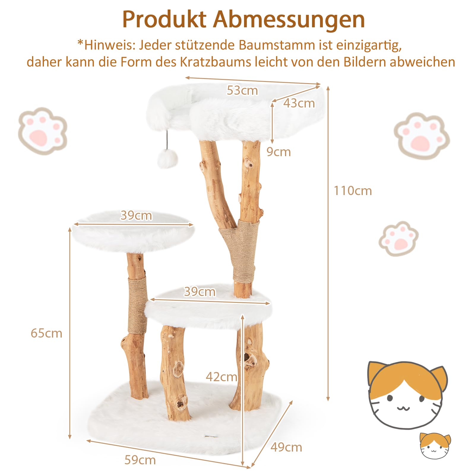 SOARS Rascador de Madera Maciza para Gatos, Árbol para Gatos con 3 Troncos de Peral natural, Cueva para Gatos, cama para gatos, rascador para gatos con pelota de juego, cuerda de yute, 59 x 49 x 110cm