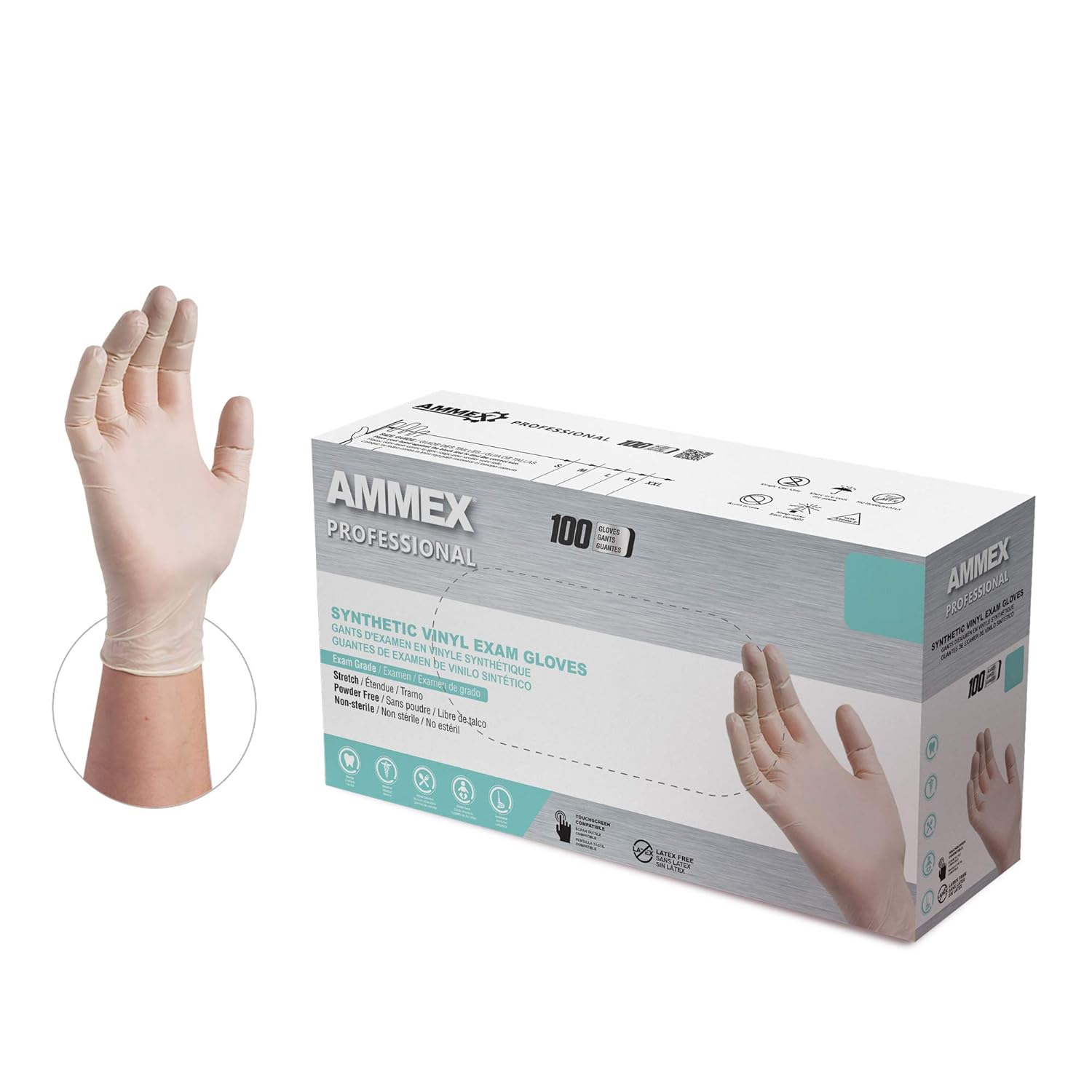 AMMEX Medical Ivory Stretch Synthetic Vinyl Gloves, Box of 100, 4 mil, Size Large, Latex Free, Powder Free, Disposable, Non-Sterile, VSPF46100-BX AMMEX Medical Ivory Stretch Synthetic Vinyl Gloves, Box of 100, 4 mil, Size Large, Latex Free, Powder Free, Disposable, Non-Sterile, VSPF46100-BX