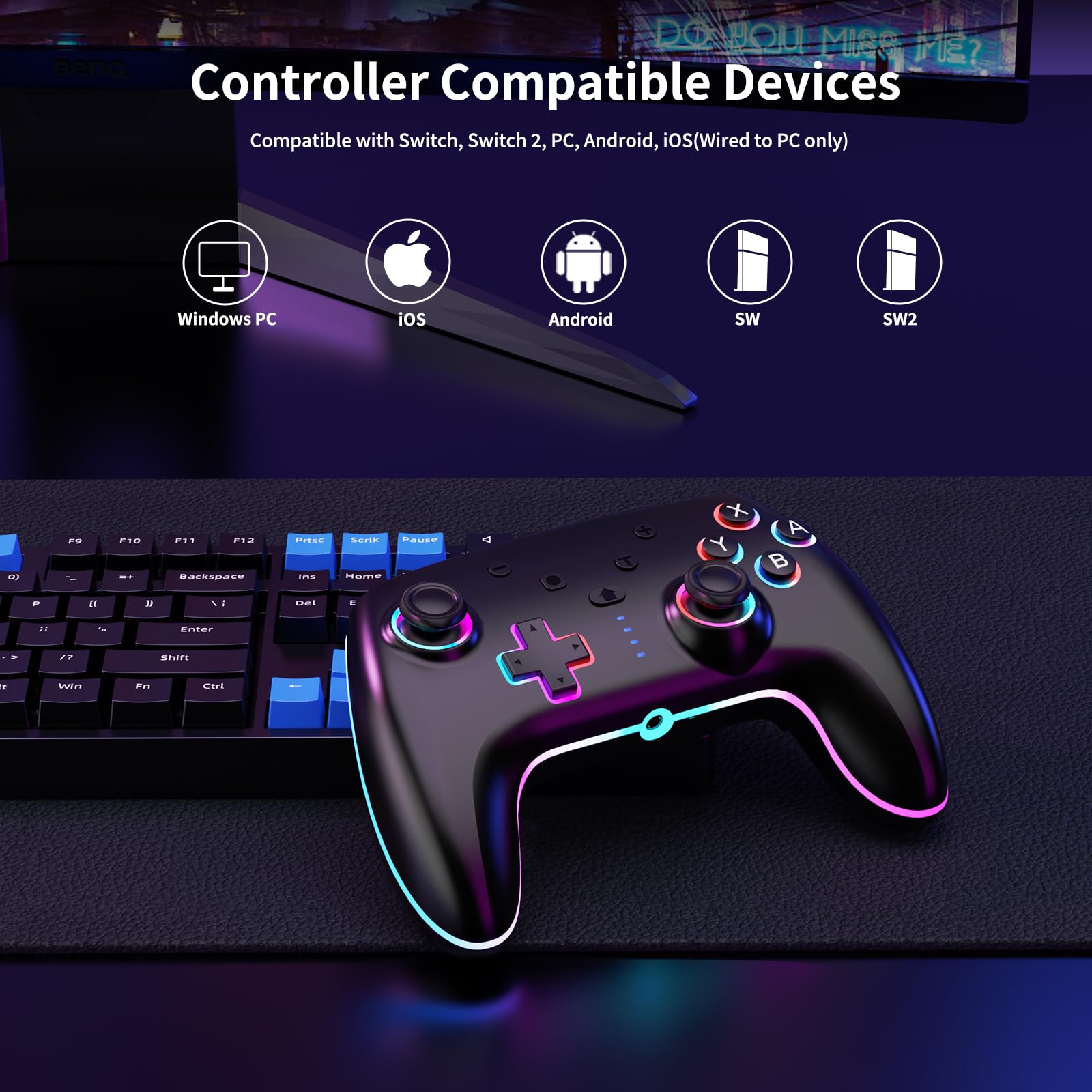 RGB Wireless Controller für Switch/Switch 2/Lite/OLED/PC, 2er Pack Gamepad mit 7-farbiger LED Beleuchtung, 6-Achsen Gyrosensor, Doppelte Vibration & Turbo-Funktion – Ergonomisch Präzise Joysticks - 3
