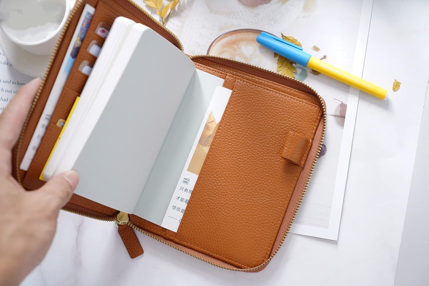 Moterm Zippered Leather Cover for A6-Notebooks - Fits Hobonichi Original, Stalogy and Midori MD Planners (Pebbled-Burnt Orange)