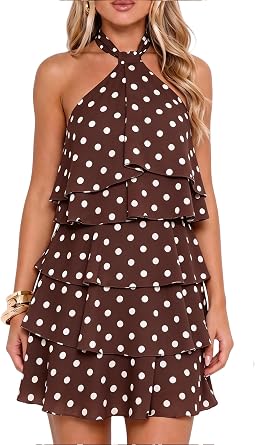HOCILLE Womens Summer Boho Halter Ruffle Party Short Dress | Tie Open Back Sleeveless Going Out Mini Dresses