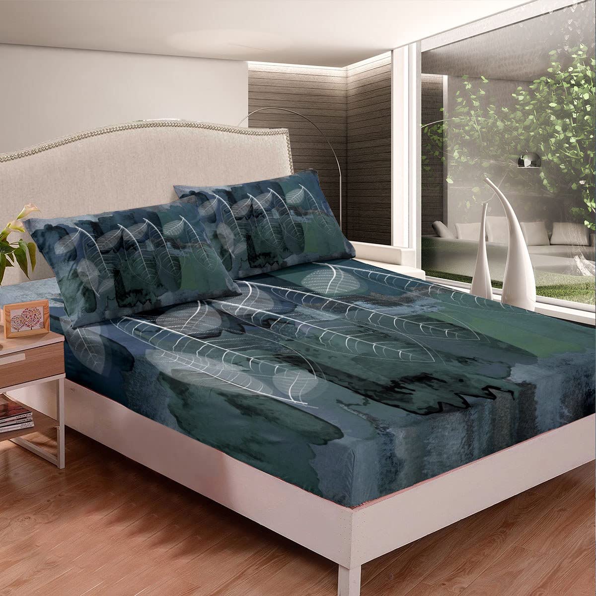 Parure de lit 3 pièces feuille aquarelle lit king size抗皱透气面料蓝色