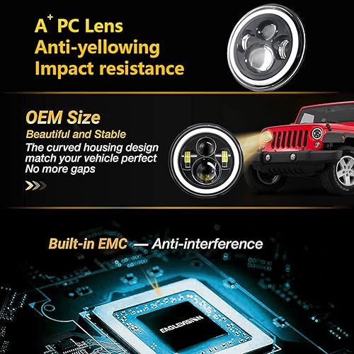 Miniatura 6 de Shkalacar Faro LED de 7 pulgadas H4 140 W ojos de ángel redondos 4 modos 14000LM 6000 K blanco3000 K ámbar coche motocicleta faros auto anillo luces