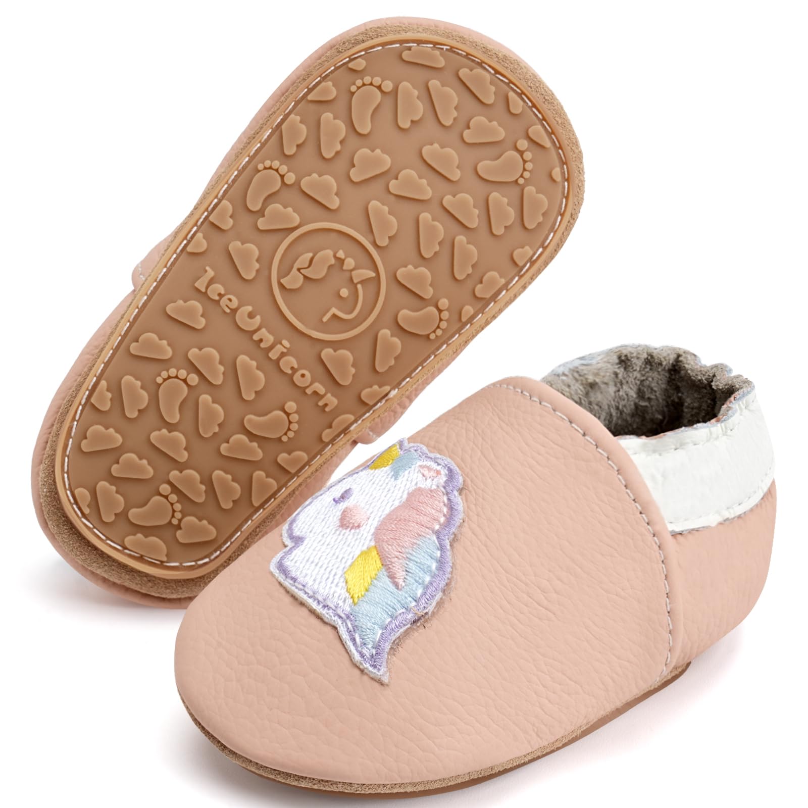 IceUnicorn Krabbelschuhe Baby Lauflernschuhe Weicher Leder Jungen Mädchen Lederschuhe Babys Rutschfeste Krabbelschuhe mit Gummisohle Babyschuhe(Hellrosa Einhorn, 2-3 Jahre)